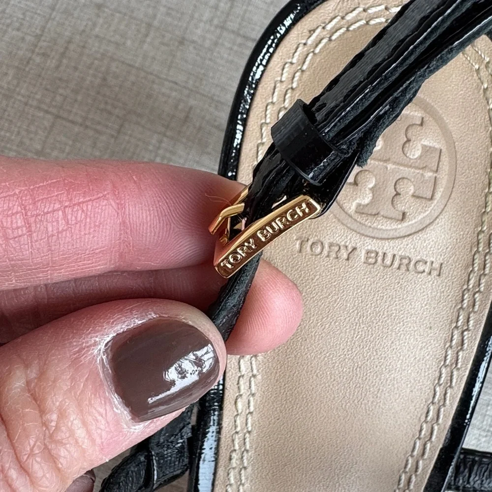 Tory Burch Black Patent Leather T-Strap Sandals with Gold Logo - Picture 6 of 12
